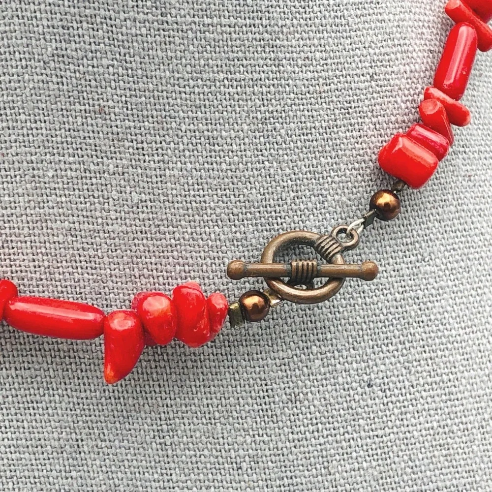 Vintage Red Coral Necklace Glass Metal Bead Accents 20‎ Inch Strand Coastal Boho
